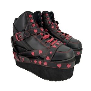 YRU Qozmo Shoes Womens Size 7 38 Black Pink Heart Platform Goth Punk Buckle‎